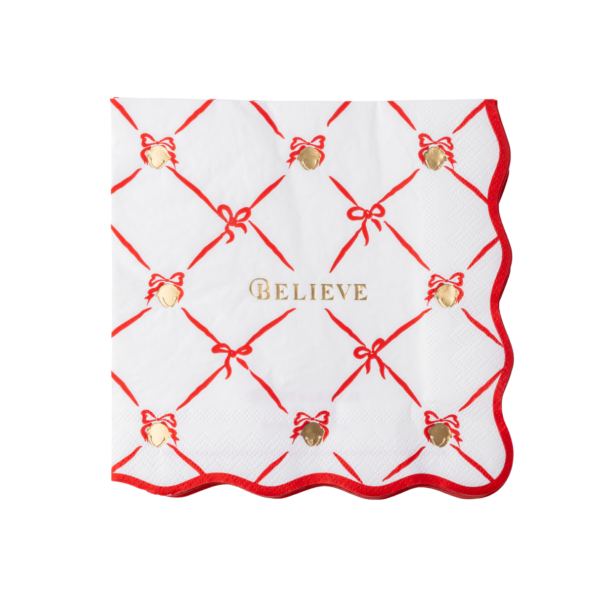 Polar Express Believe napkin with a red ribbon lattice, golden bells, and a scalloped red edge