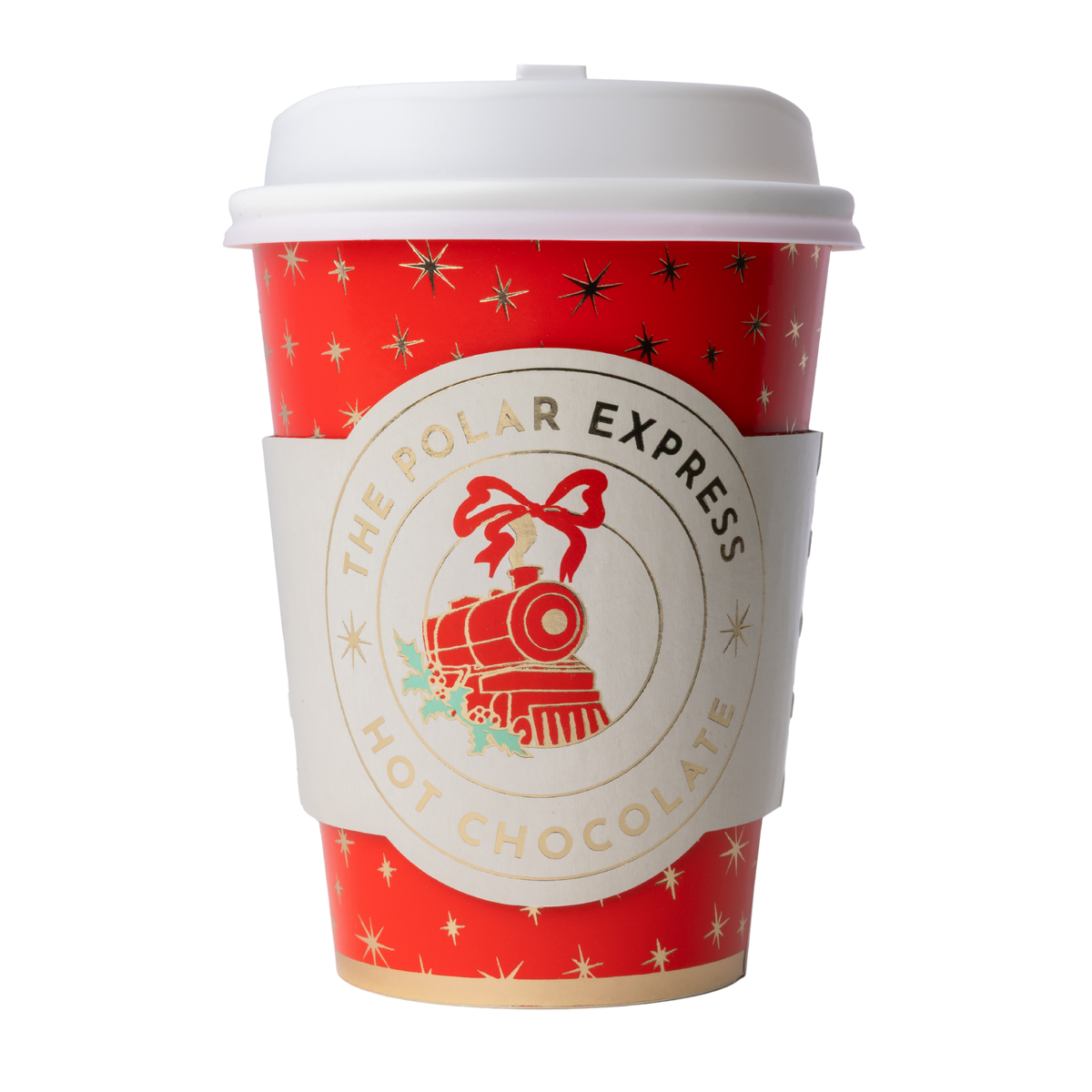 Polar Express hot cup with a golden train sleeve, gold stars, and a lid