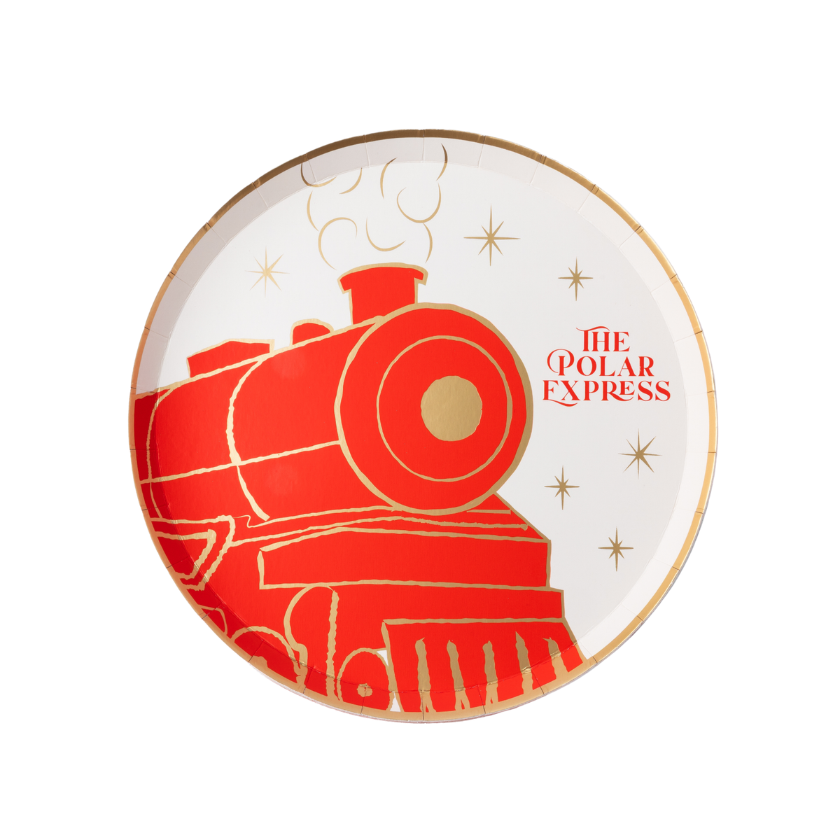 Small Polar Express plate with a red and gold train and gold stars on a cream backdrop