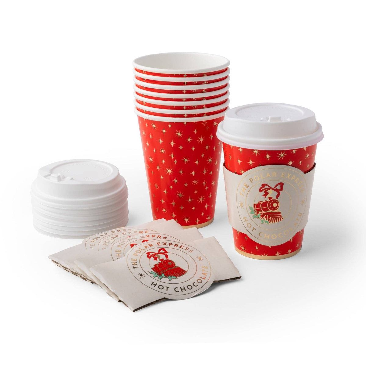 Polar Express hot cups, lids, sleeves, and napkins styled together