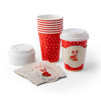 Polar Express hot cups, lids, sleeves, and napkins styled together
