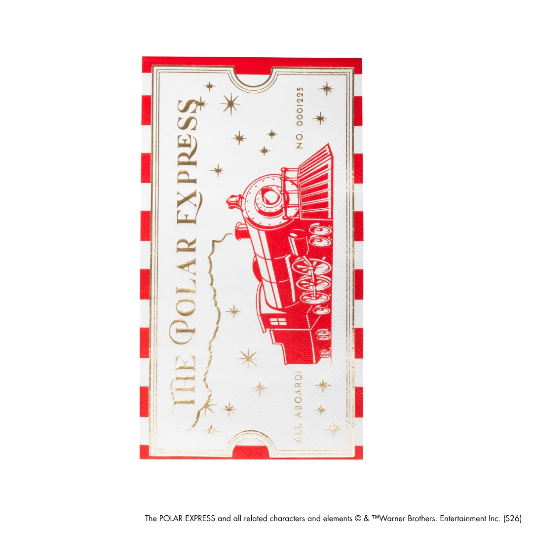 Polar Express guest towel featuring the story’s golden ticket design in red and cream