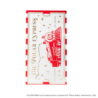 Polar Express guest towel featuring the story’s golden ticket design in red and cream