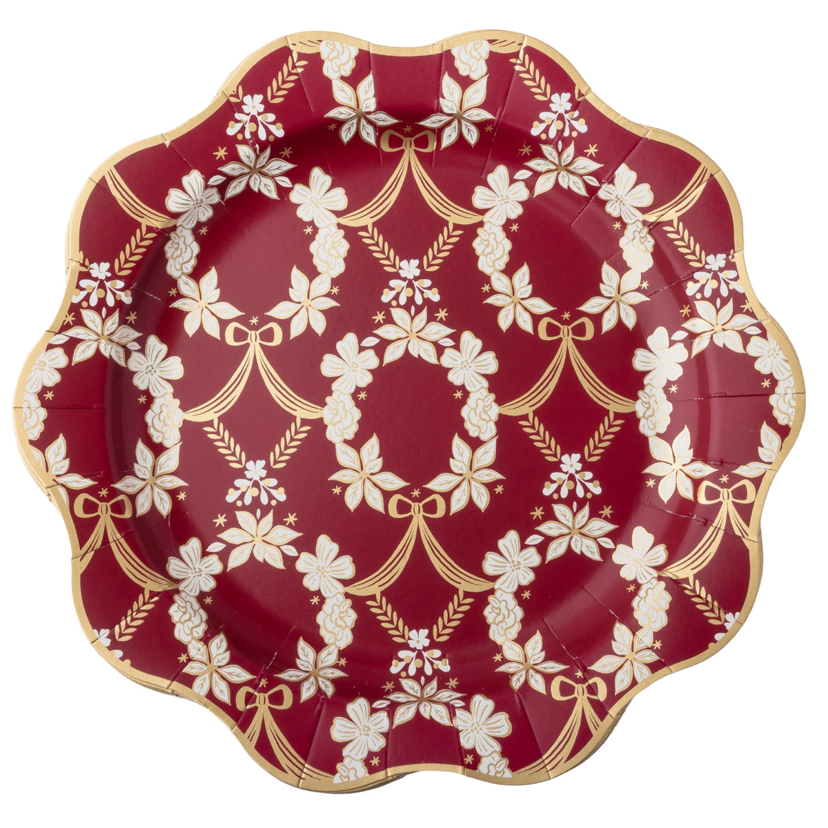Pomegranate red dinner plate with an ornate gold floral Rococo pattern and scalloped edge, shown top-down