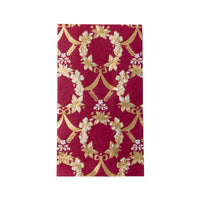 Pomegranate red guest towel with an ornate gold floral Rococo pattern of wreaths, poinsettias, bows, and swags