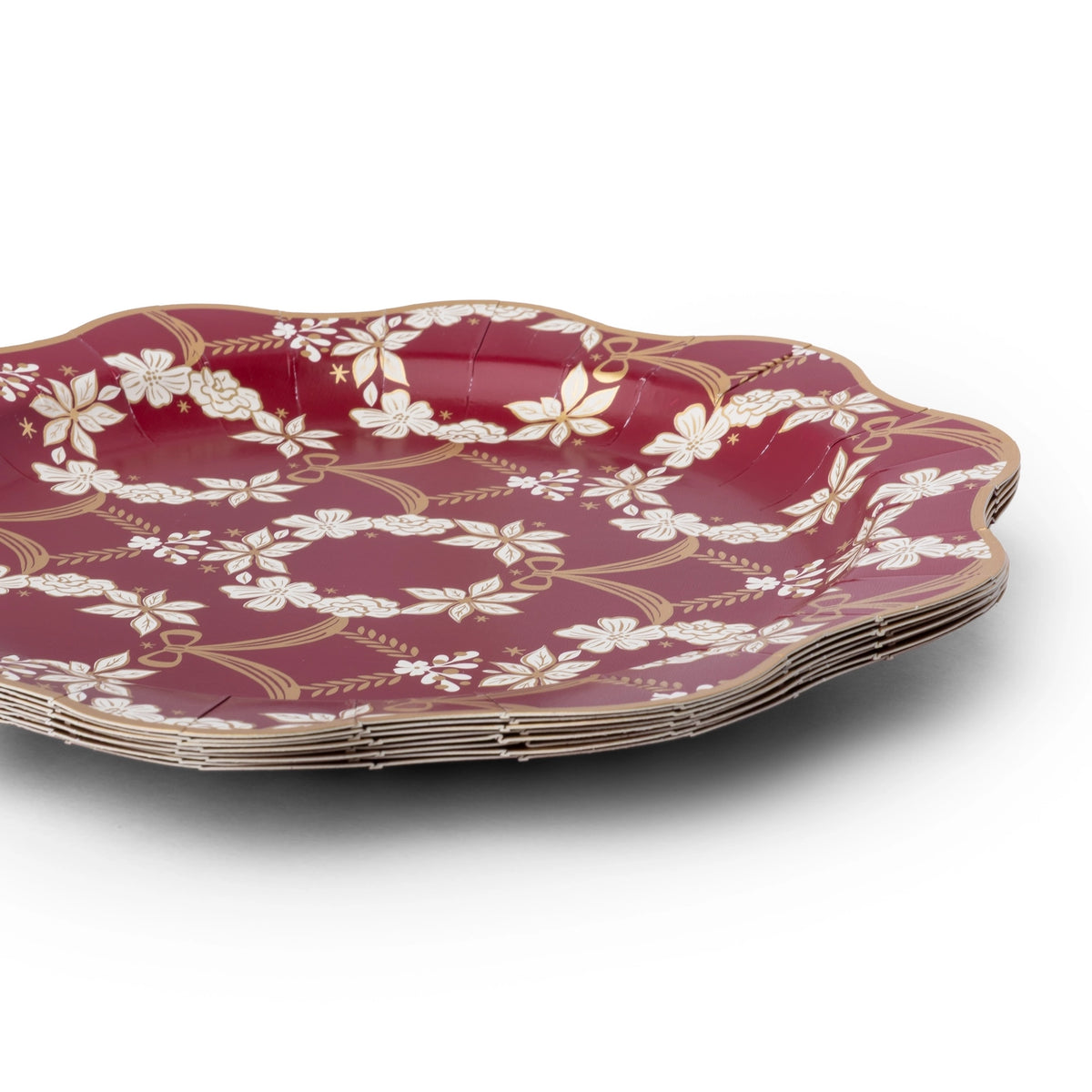 Pomegranate red Rococo dinner plate shown at an angle