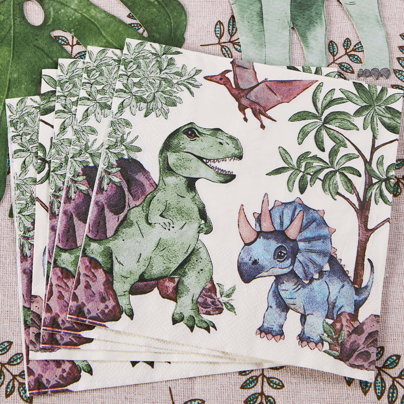 Fan of several dinosaur napkins showing the repeating pattern