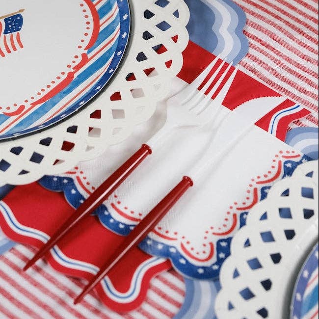 Patriotic Guest Towels styled on a white scalloped charger for a Coastal Americana Aesthetic.