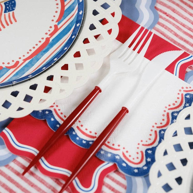 Patriotic Cocktail Napkins framing a white scalloped charger for a Grandmillennial July 4th Style.