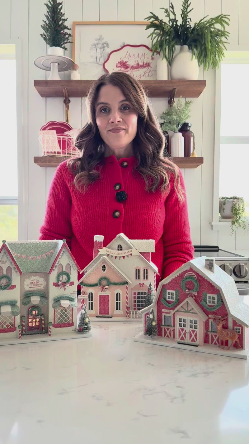 Video demonstration of three Christmas putz house designs, highlighting the timer function and the new AAA battery option for hassle-free lighted Christmas village display.