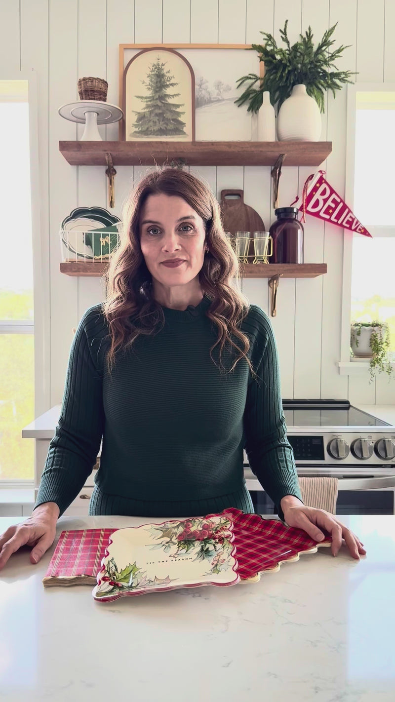 Video of woman showing Red Plaid Christmas Dinner Napkins