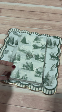 Green toile Christmas plates, matching guest napkins and green stripe square plates shown one at a time
