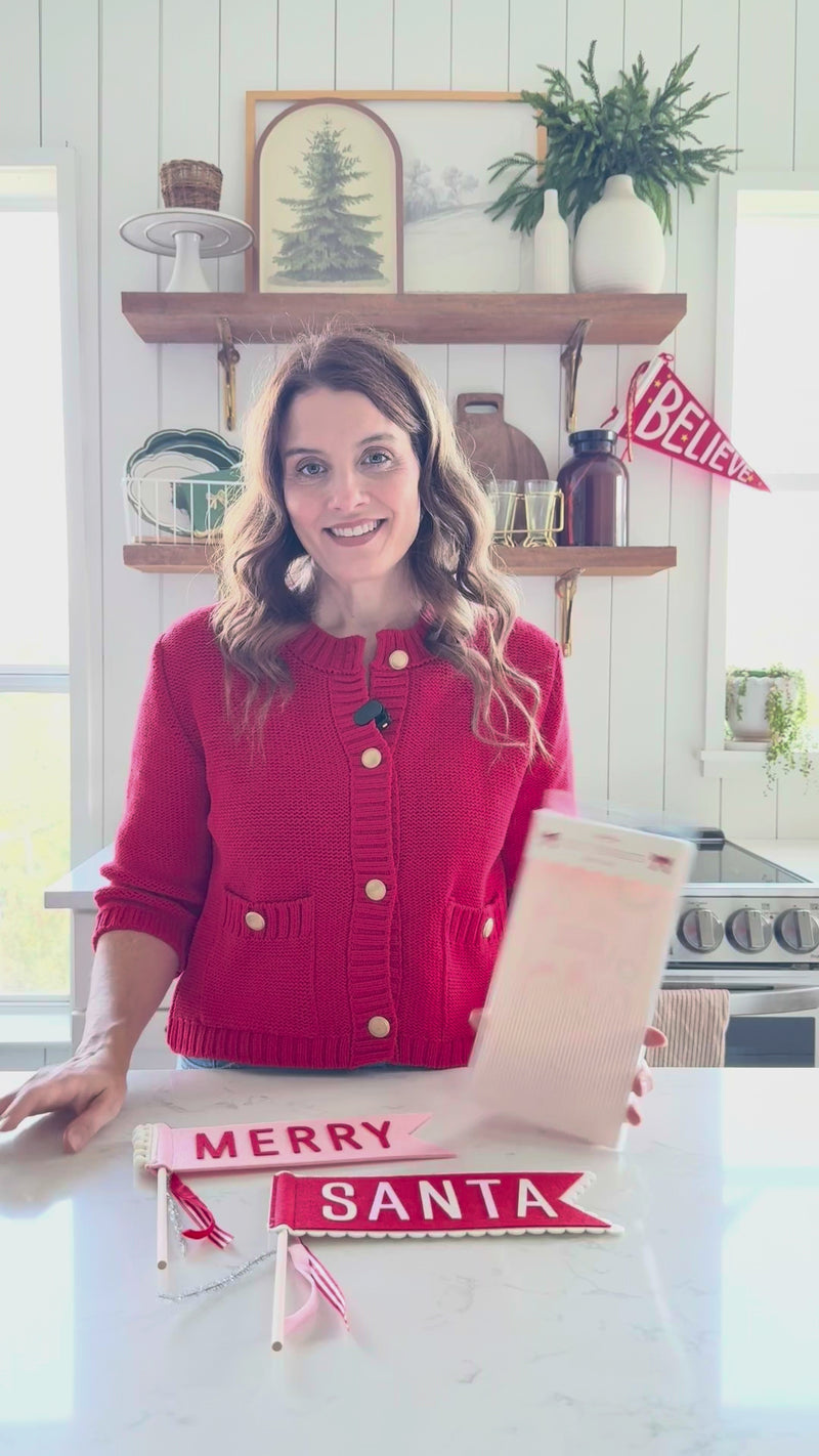 Short clip showing ‘Merry’ and ‘Santa’ felt pennants used as tree picks and table props—quick ideas for Christmas party props and holiday décor.