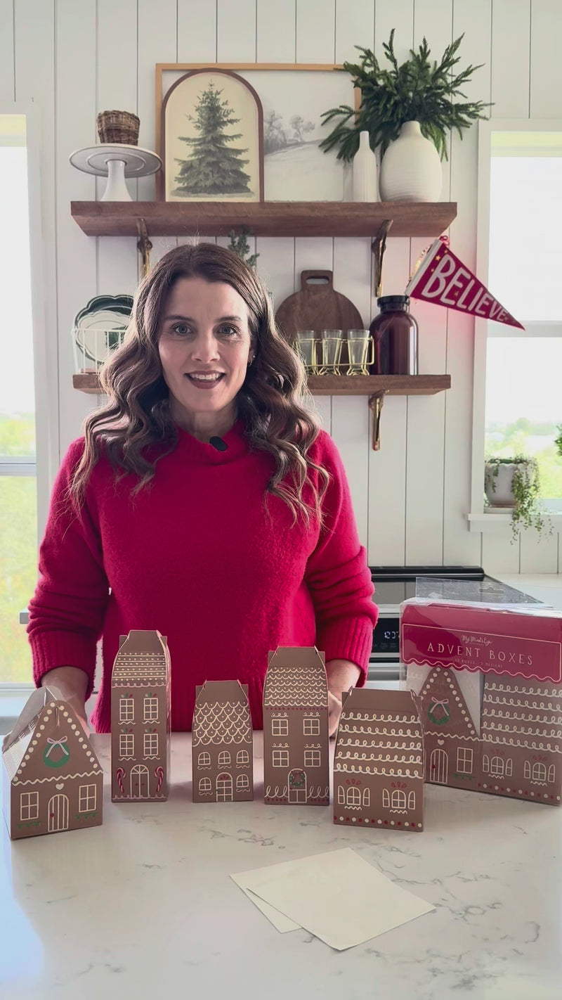Video overview demonstrating the five different sizes of the gingerbread house treat boxes and showing the included number stickers for the advent calendar.