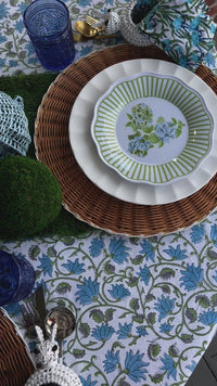 Blue Tablecloth perfect for an Easter or Spring table. This floral tablecloth is 100% block print cotton.