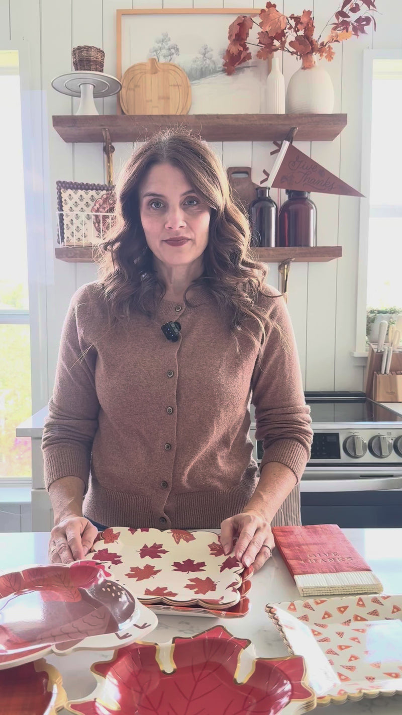 Short video showing unboxing of turkey napkins, gold foil details, and a quick table setup with drinks and pie using these Thanksgiving napkins.