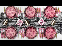 Vamp Romantic Haunt Me Halloween cocktail napkins featuring pink roses, gold foil moths, and a scalloped magenta edge styled for a gothic Halloween table setting.
