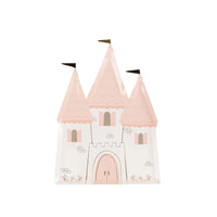 Clean product cutout of blush princess house plates with gold flags.