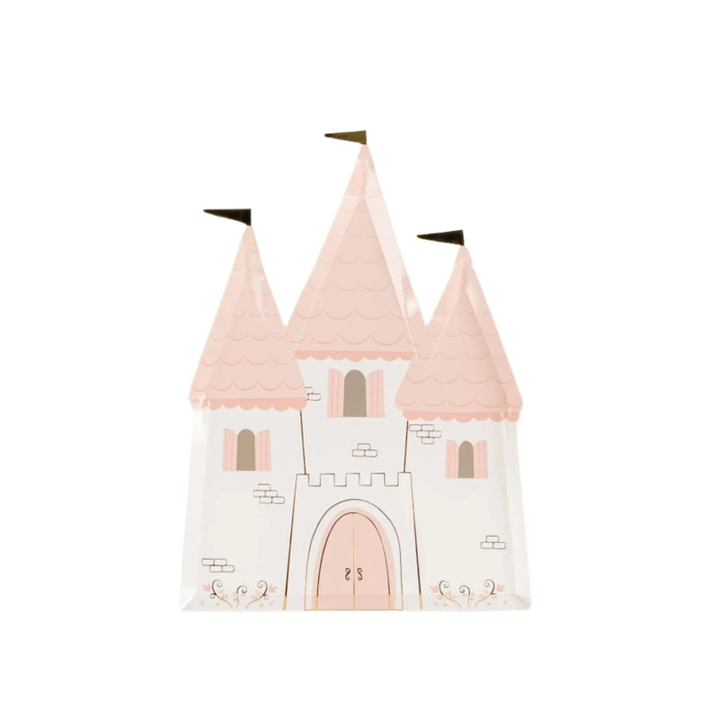 Clean product cutout of blush princess house plates with gold flags.