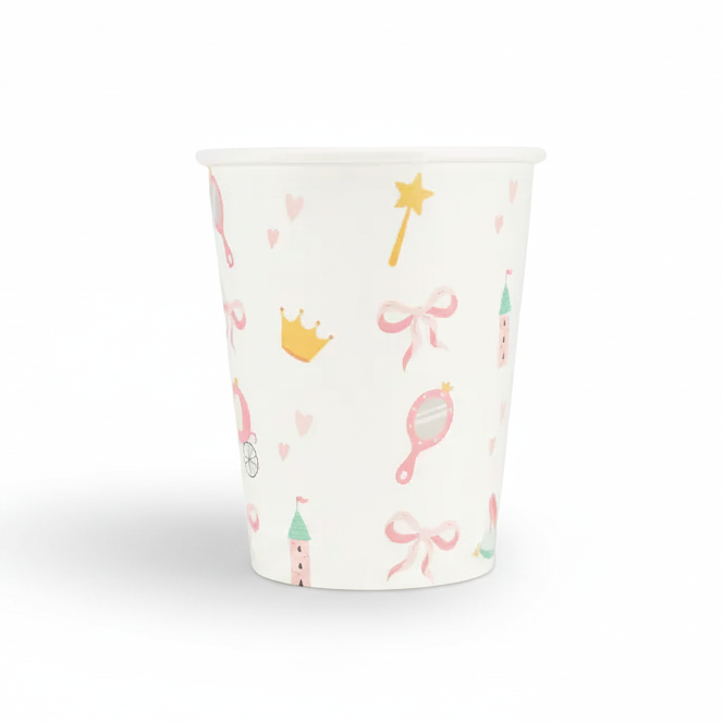 Single paper party cup with watercolor princess castle and bow pattern