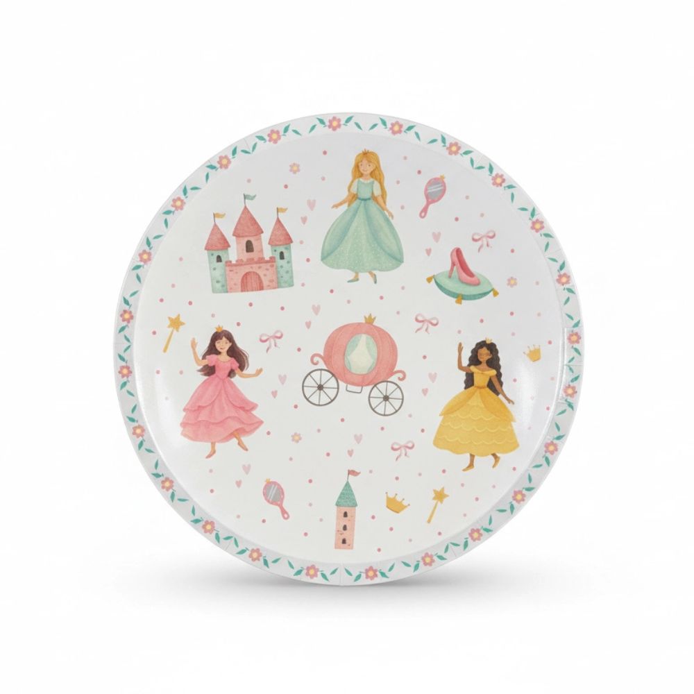 Single 8-inch paper plate with watercolor princess and castle illustrations
