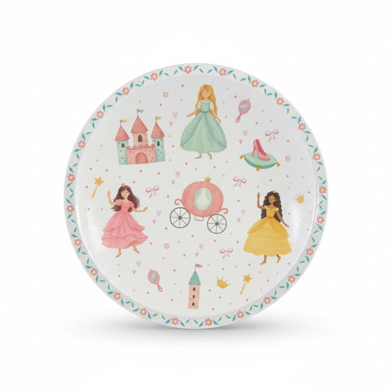 Single 8-inch paper plate with watercolor princess and castle illustrations