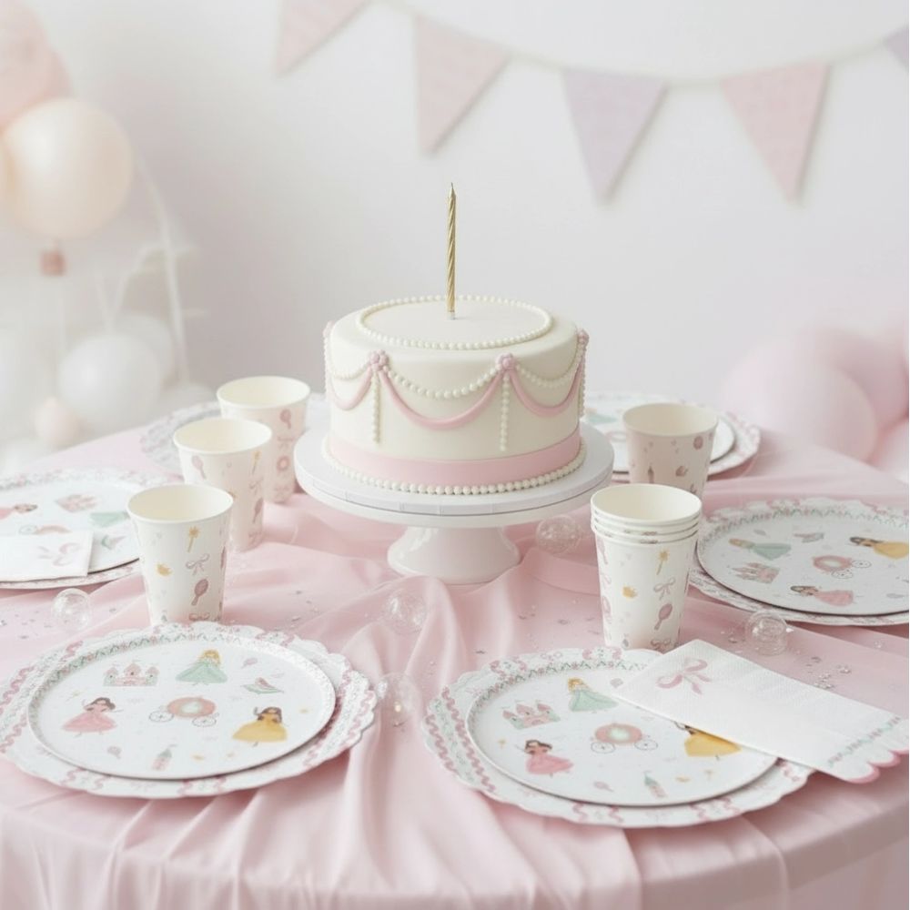 Full party table setup with a ribbon cake and princess place settings