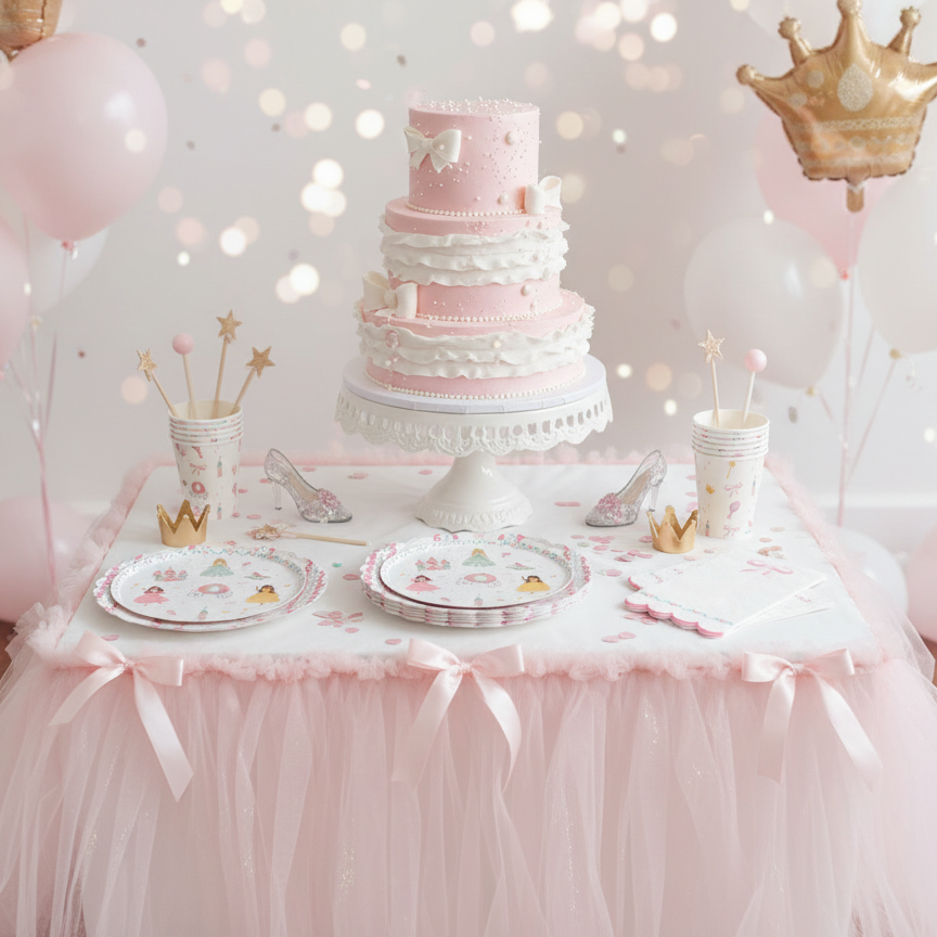 Three-tier pink ruffle cake surrounded by princess cups and wands