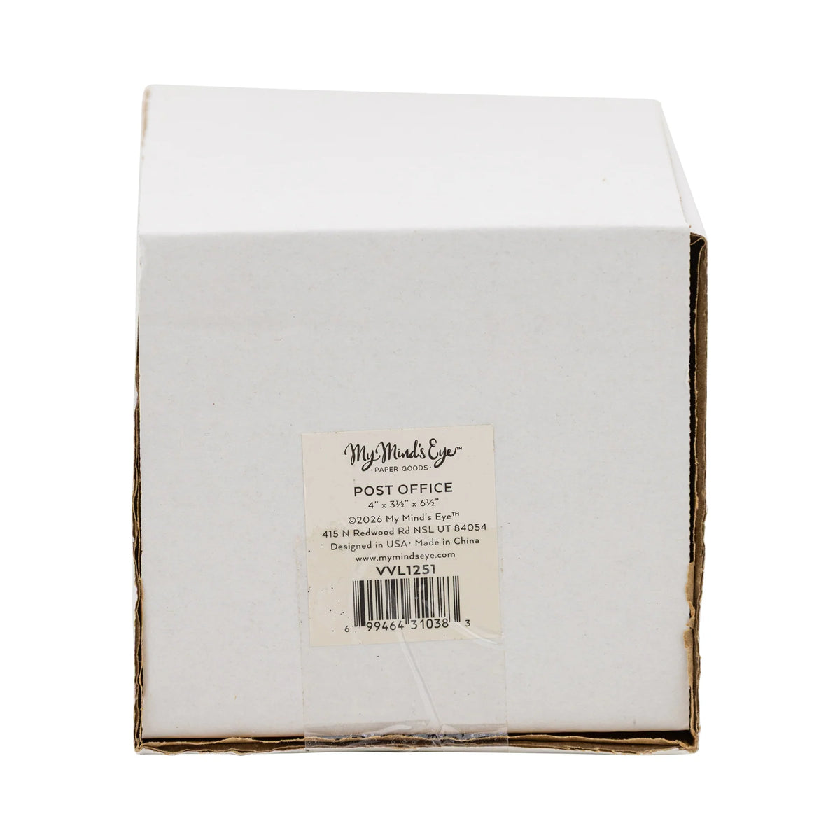 Product box for the Post Office putz house detailing the dimensions and content.