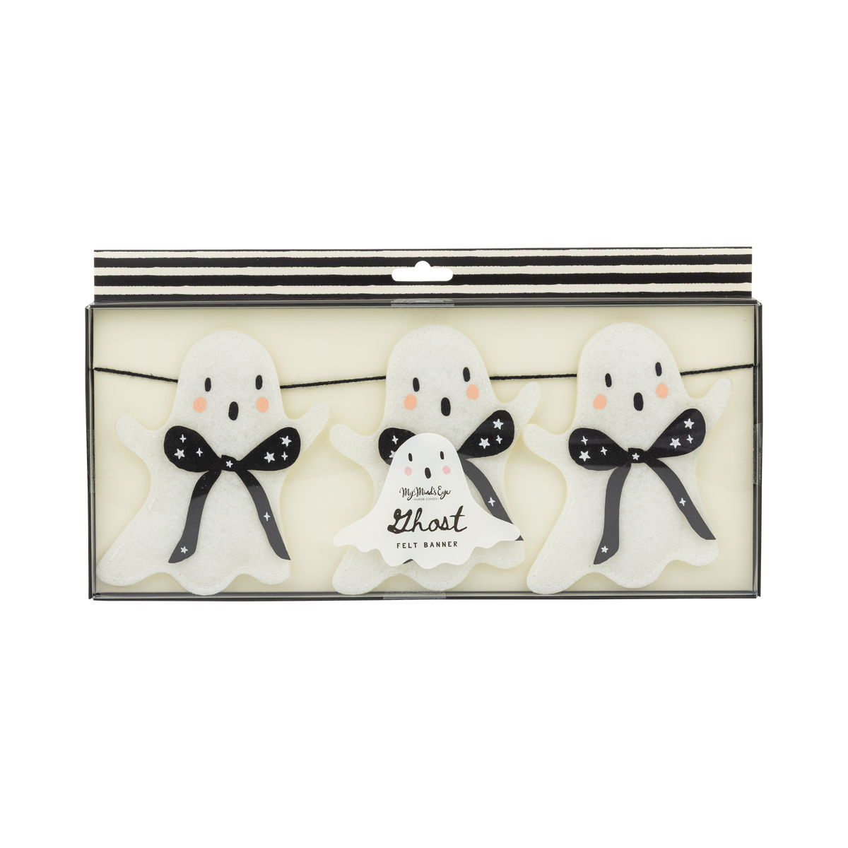 Set of ghost-shaped felt with black bows in packaging on a white background. 