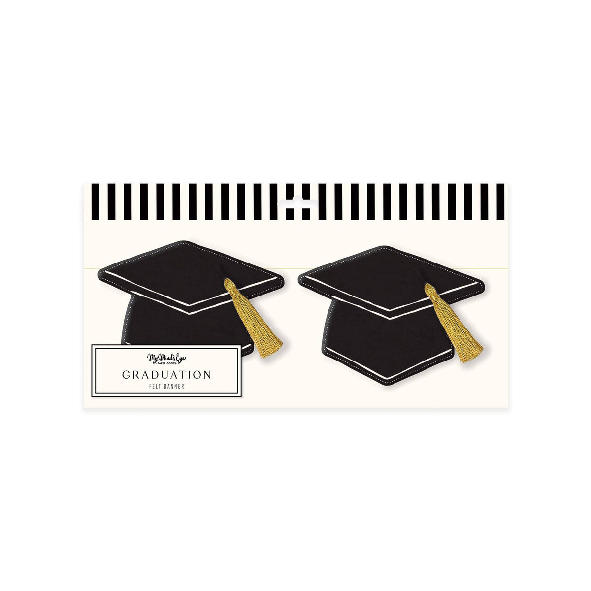 Packaging for a 5-foot black puffy felt graduation cap banner with white stitching and gold tassels.