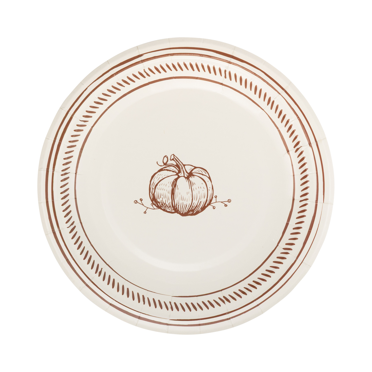 Round paper plate with brown pumpkin design and decorative edge.
