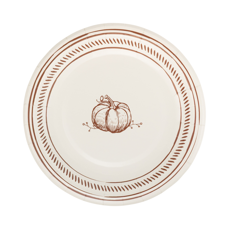 Round paper plate with brown pumpkin design and decorative edge.