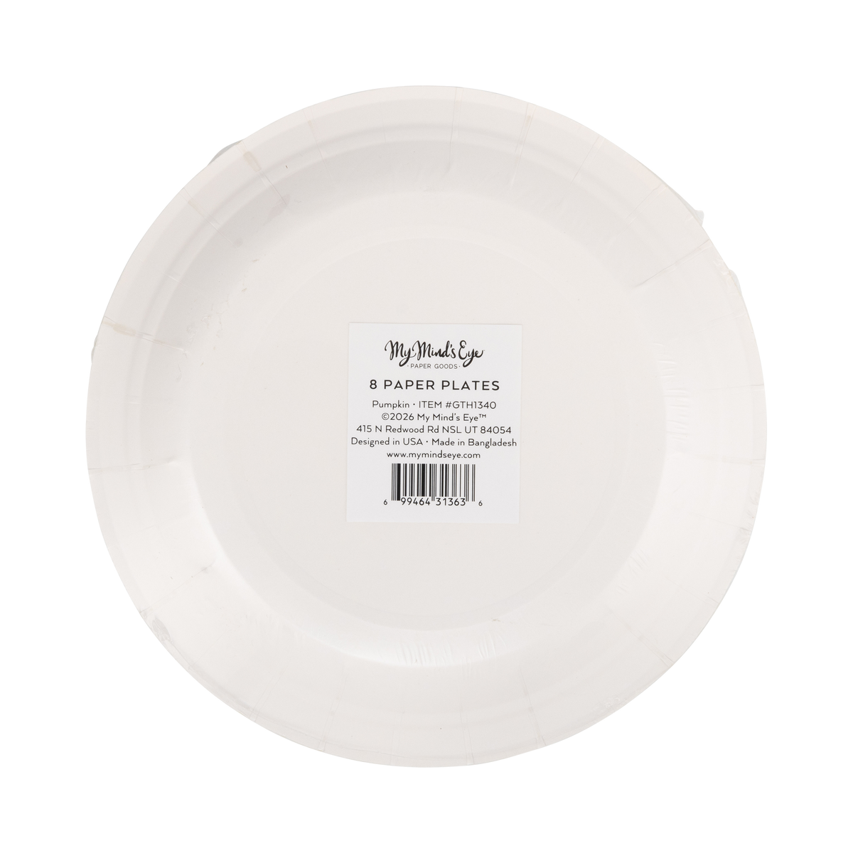 Back packaging of the pumpkin paper plate with 'My Mind's Eye' branding and product details.
