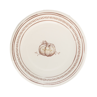 Stack of 8 round paper plate with decorative pumpkin design and brown rim on a transparent packaging.