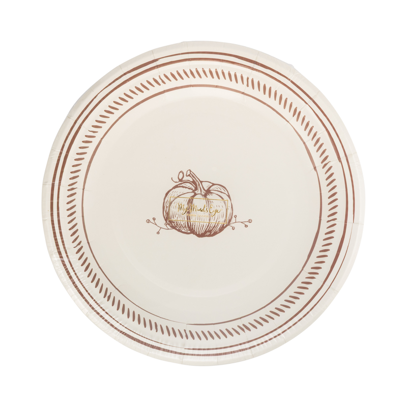 Stack of 8 round paper plate with decorative pumpkin design and brown rim on a transparent packaging.