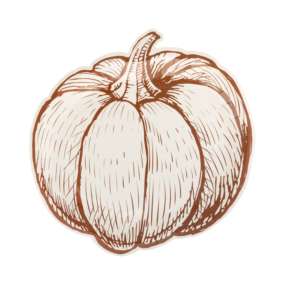 Die-cut pumpkin-shaped paper plate with brown line-art on cream, front view.