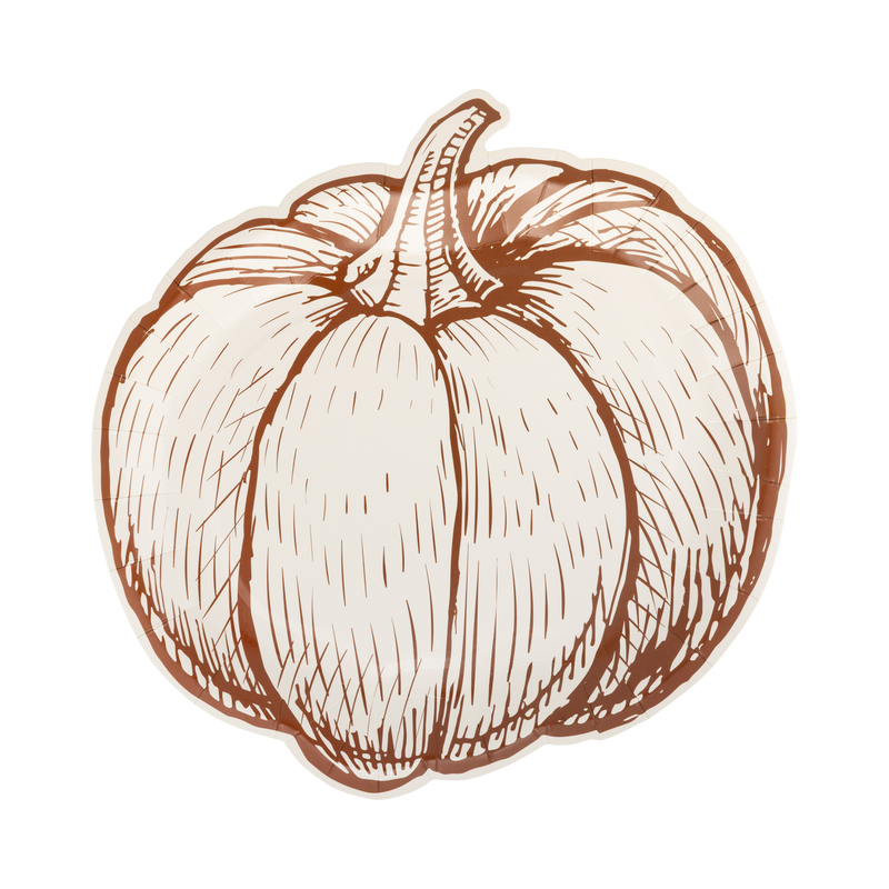 Die-cut pumpkin-shaped paper plate with brown line-art on cream, front view.