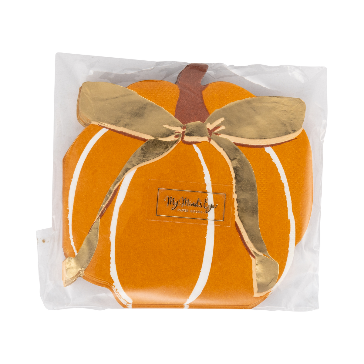 Stacked pumpkin shaped Thanksgiving napkins packaged in clear wrap with a ribbon, front view.
