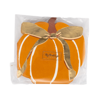 Stacked pumpkin shaped Thanksgiving napkins packaged in clear wrap with a ribbon, front view.