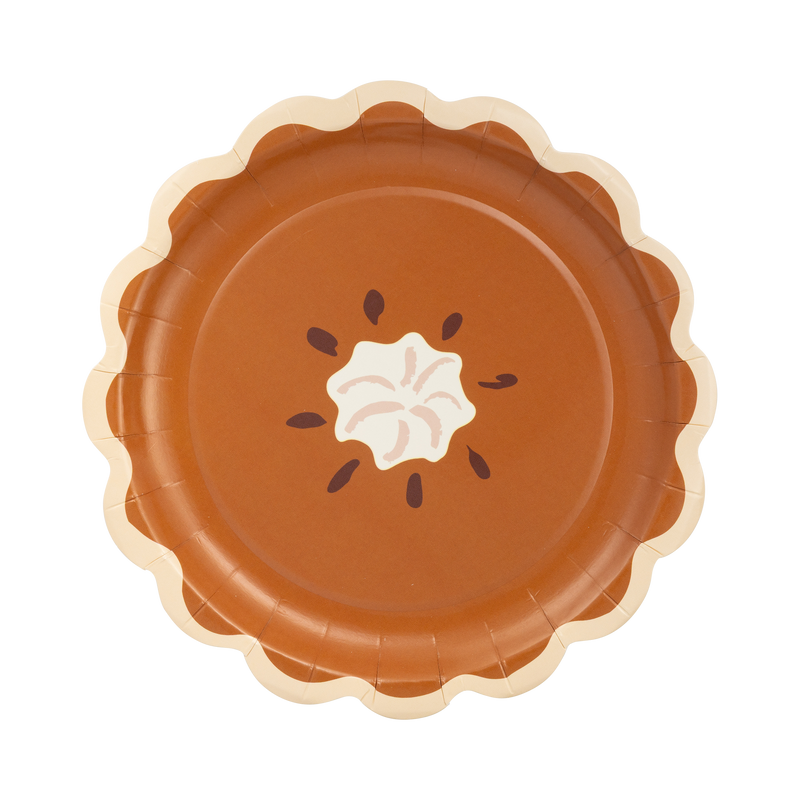 Pumpkin pie slice–shaped paper plate with whipped cream design on a white background.