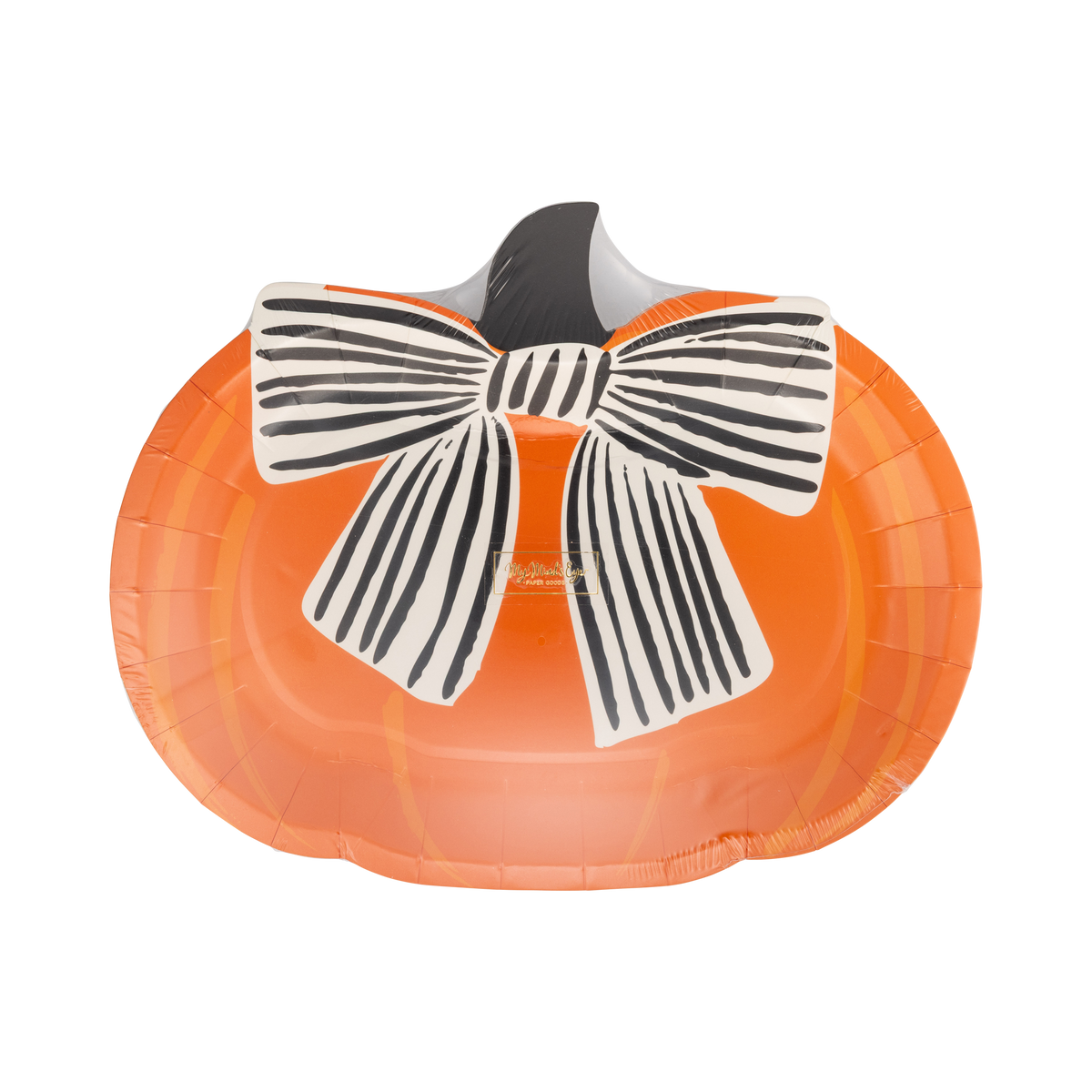 Angled view of the orange pumpkin plate showing the die-cut shape, striped bow detail, and dark stem in a clear wrap. 