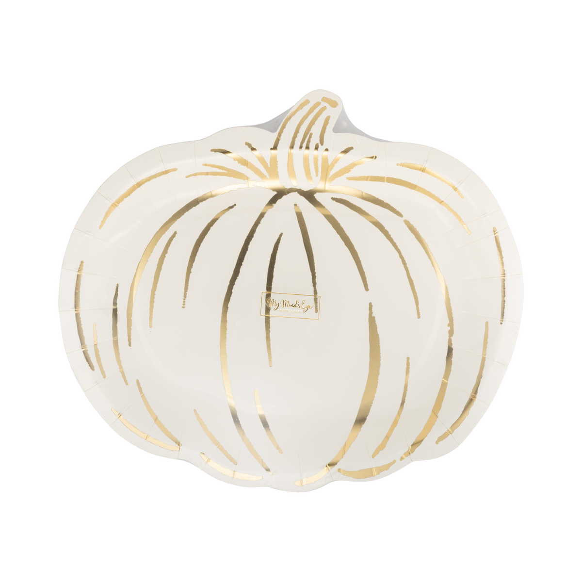 Pumpkin (die-cut) shaped of a cream paper plate with gold accents on a clear packaging with the brand's label.