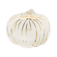 Pumpkin (die-cut) shaped of a cream paper plate with gold accents on a clear packaging with the brand's label.