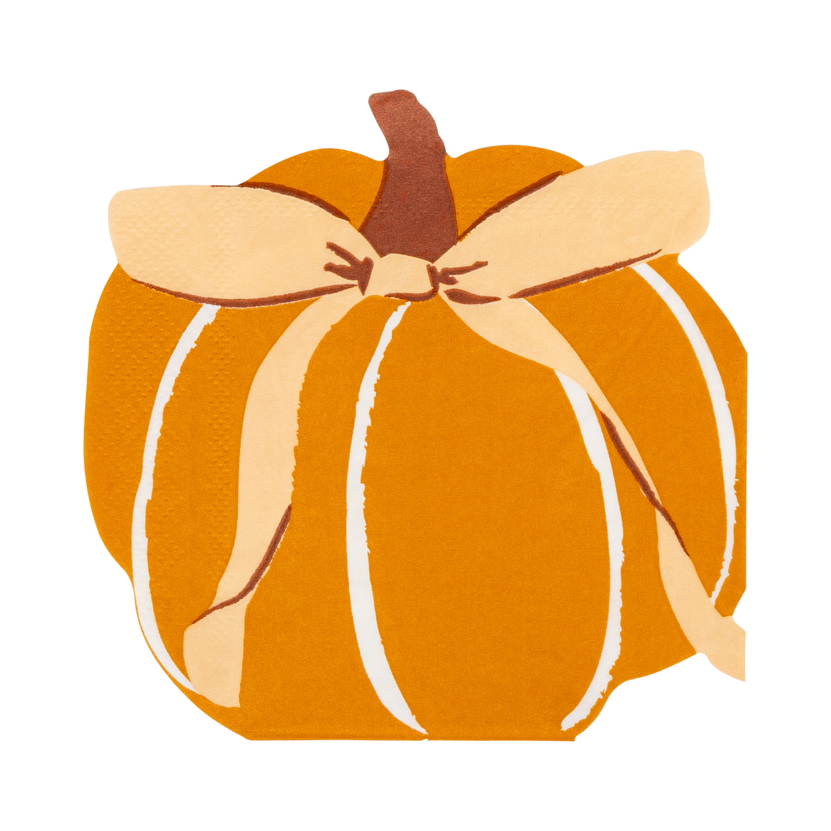 Angled view of the die-cut pumpkin paper napkin showing the orange shape, cream lines, and brown stem detail. 