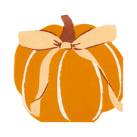 Angled view of the die-cut pumpkin paper napkin showing the orange shape, cream lines, and brown stem detail. 