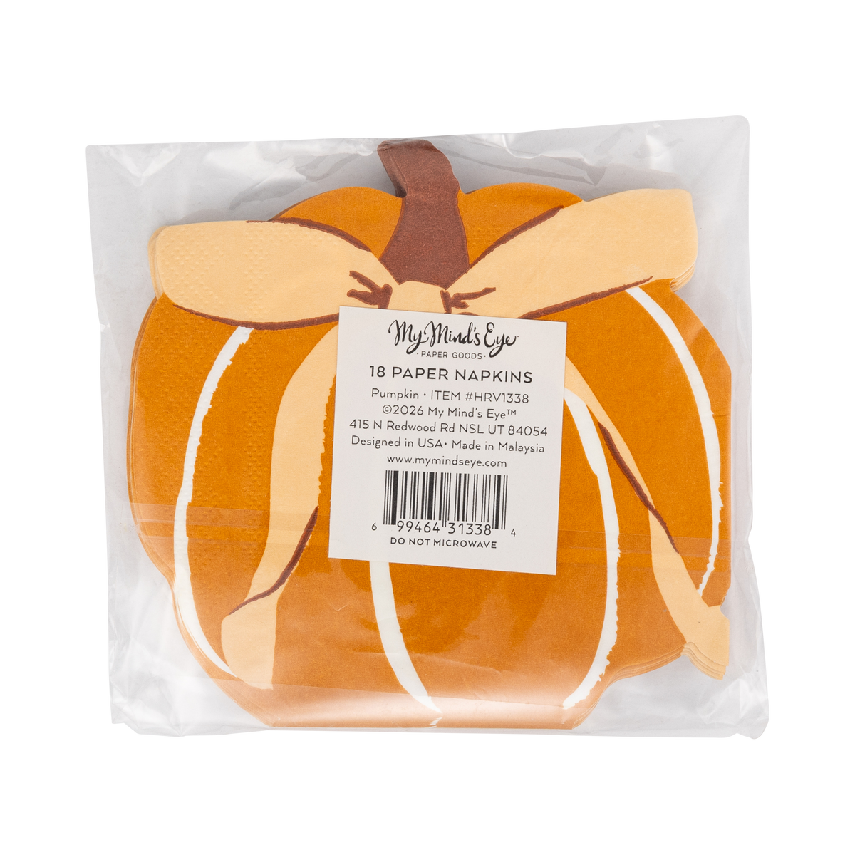 Back of the pumpkin napkin packaging showing the product label and 18-count.