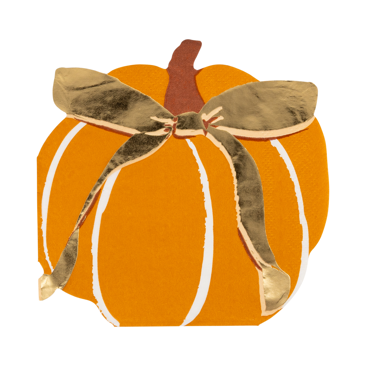 Die-cut pumpkin shaped fall napkin in orange with cream segment lines, brown stem, and gold foil accents, front view.