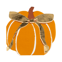 Die-cut pumpkin shaped fall napkin in orange with cream segment lines, brown stem, and gold foil accents, front view.