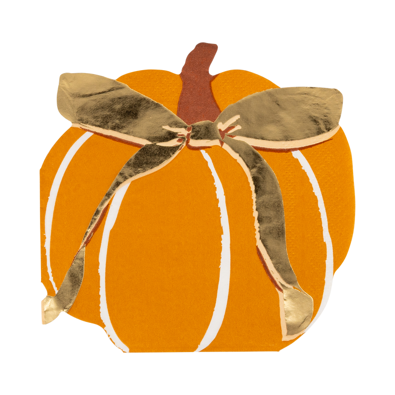 Die-cut pumpkin shaped fall napkin in orange with cream segment lines, brown stem, and gold foil accents, front view.